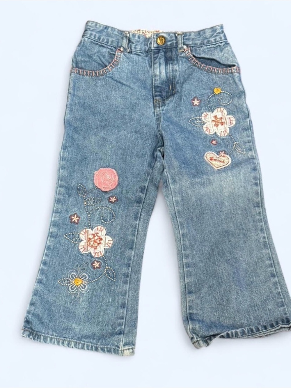 Faded Glory 3T Y2K Embroidered Floral Heart Jeans Kidcore Denim
